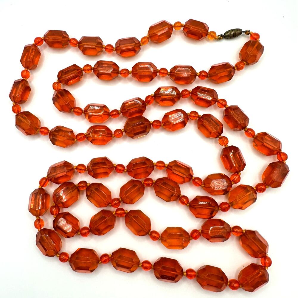 Antique Art Deco red orange Czech cadmium selenium glass beaded 48" necklace